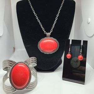 Statement Jewelry Set Necklace Earrings Bracelet Faux Red Turquoise Sandstone